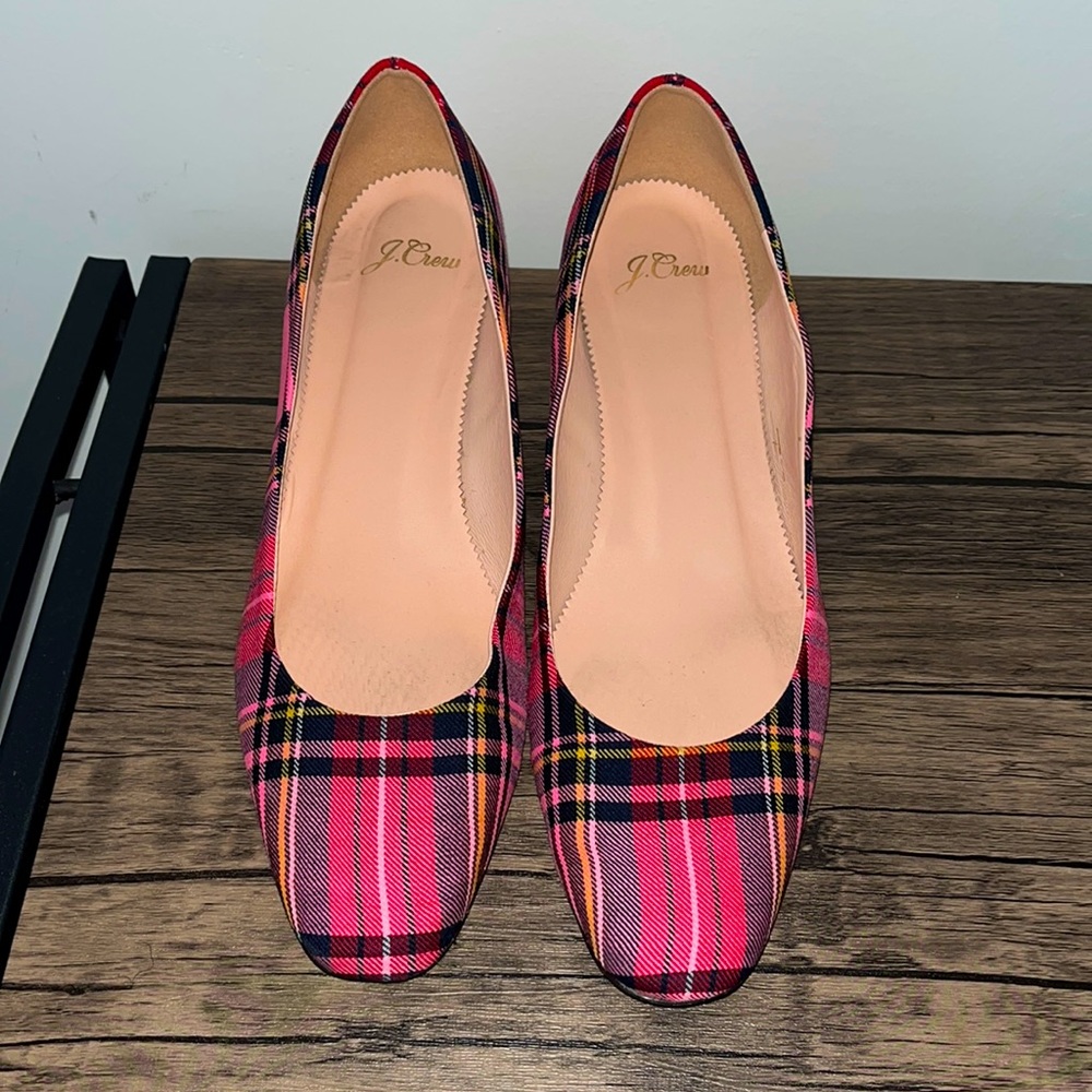 J.Crew, pink and red plaid low heel pump